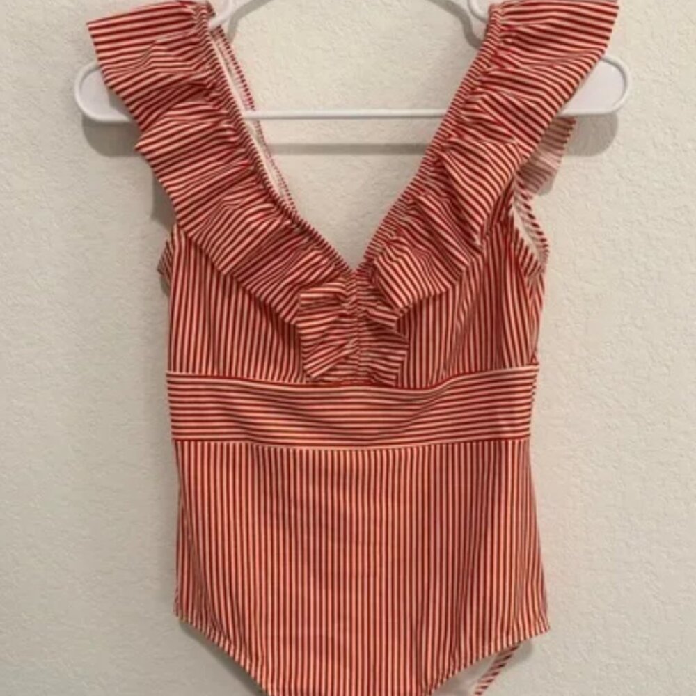Averie (Aava) Estelle One Piece Ruffle Stripe Retro Swim Suit, Medium